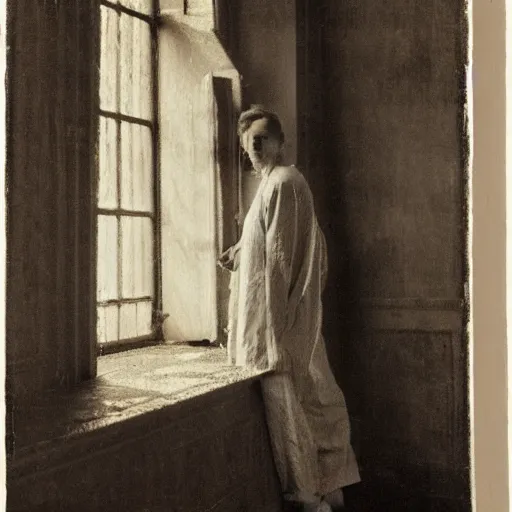 Image similar to person in pyjamas standing near window, sun rays, daylight, french door window, 2 4 mm, anamorph lenses, photorealistic, high ceiling, painting by thomas eakins