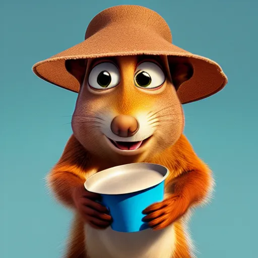 Image similar to a squirrel wearing a bucket hat. pixar.