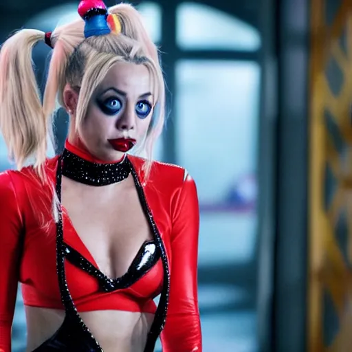 Image similar to A still of Kaley Cuoco as Harley Quinn