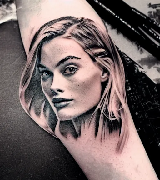 Image similar to mash up tattoo sketch of margot robbie with beautiful mountain scenery, double exposure effect, in the style of arlo dicristina, hyper realism, amazing detail, sharp