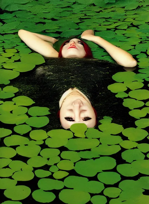 Prompt: lady laying under the river bed amongst the duck weed, underwater shot, submerged, medium shot, on the bed of the river preraphaelite colour photography, 8 k