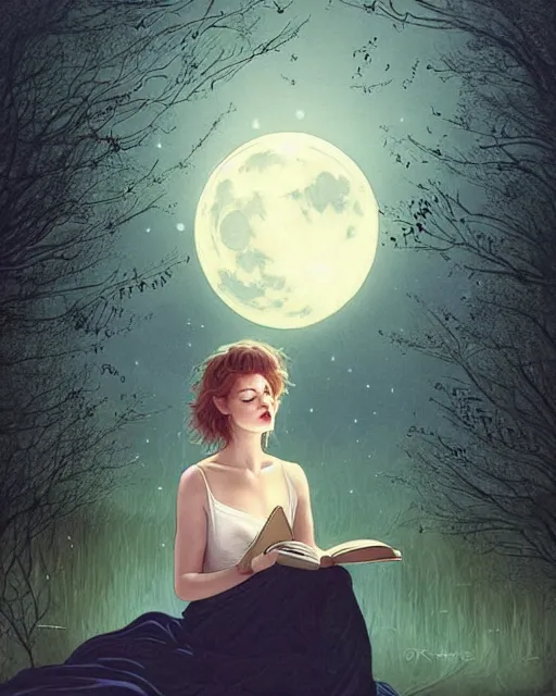 Prompt: milla jovovich in white nightgown reading a book by the river, a full moon on the horizon, dark starry sky, dreamy fantasy ambience with golden orbs and fireflies, detailed gothic illustration bright moon light, by charlie bowater, brom