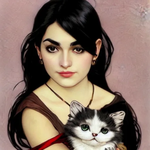 Prompt: cute emo persian woman, with long dark hair, thick eyebrows!!! dark eyes and dark circles!, wide nose!!!, big eyes, oval face shape, big cheeks!, she is holding a cat in her arms, by juan villafuerte, greg rutkowski and alphonse mucha, pexels contest winner, high quality photo, hd rtx