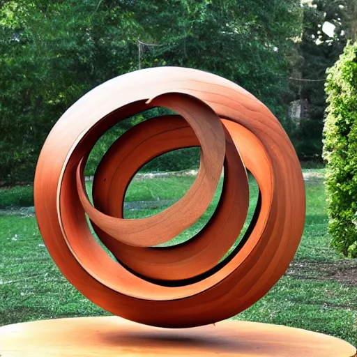 Image similar to circle shaped sculpture, curves, wood, colored lights, portal