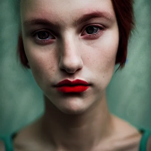 Prompt: a portrait photograph of a female by Alessio Albi, beautiful full face, symmetrical face, artstation, deviantart, hyperrealism, green eyes, long red hair,a small nose