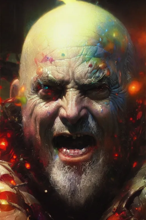 Prompt: an evil old wizard eating rainbow colored penguins, extreme close up insane face portrait dnd, painting by gaston bussiere, craig mullins, greg rutkowski, yoji shinkawa