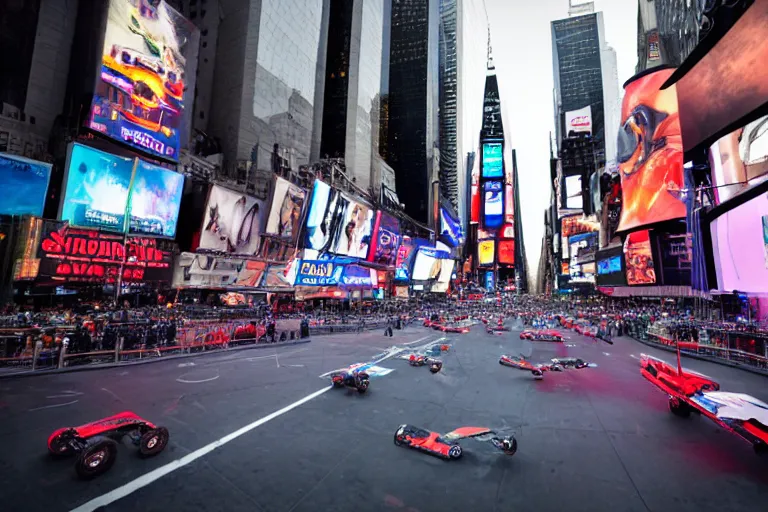 Image similar to Cinematography of a star wars pod racing in times square in new york by Emmanuek Lubensky. Sebulba pod. Anakin skywalker pod