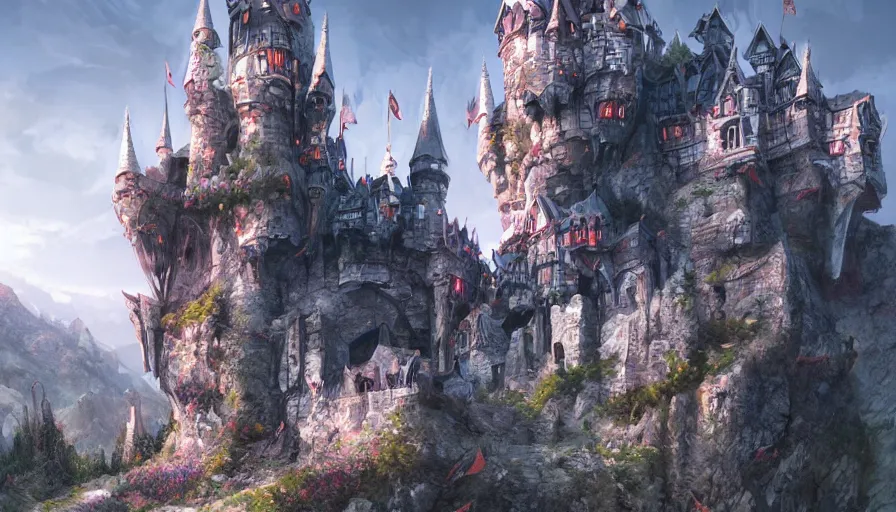 Image similar to Beautiful magic little castle in the mountains, hyperdetailed, artstation, cgsociety, 8k