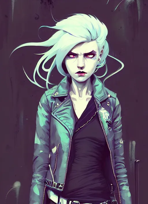 Image similar to highly detailed portrait of a sewer punk lady student, blue eyes, leather jacket, white hair by atey ghailan, by greg rutkowski, by greg tocchini, by james gilleard, by joe fenton, by kaethe butcher, gradient blue, black, brown and cyan color scheme, grunge aesthetic!!! ( ( graffiti tag wall background ) )