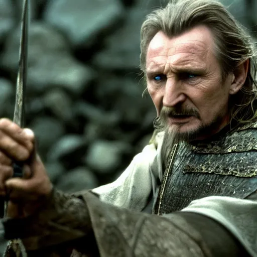 Prompt: Liam Neeson as Theoden, Lord of the Rings, film still, high detail