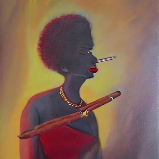 Image similar to female figure sniffing a cigar portrait painting surreal, art by Joan Selder, Surrealism