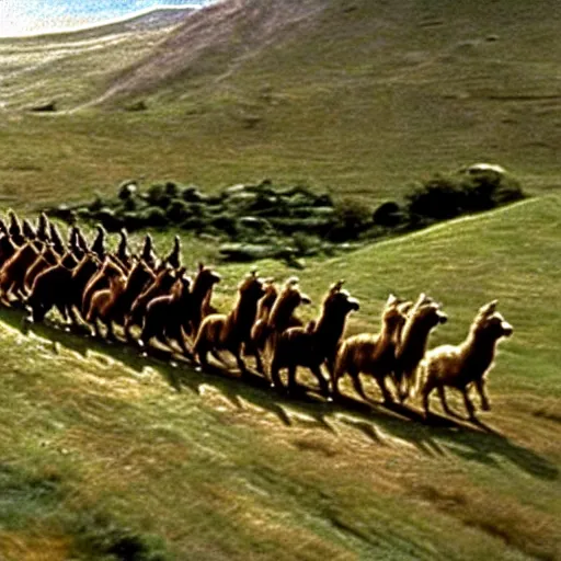 Image similar to still from lord of the rings showing the ride of the rohirrim, riding toward minas tirith on alpacas