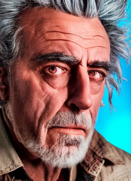 Prompt: rick sanchez closeup photograph dslr photorealistic, studio lighting, ektachrome, detailed, intricate, face detail