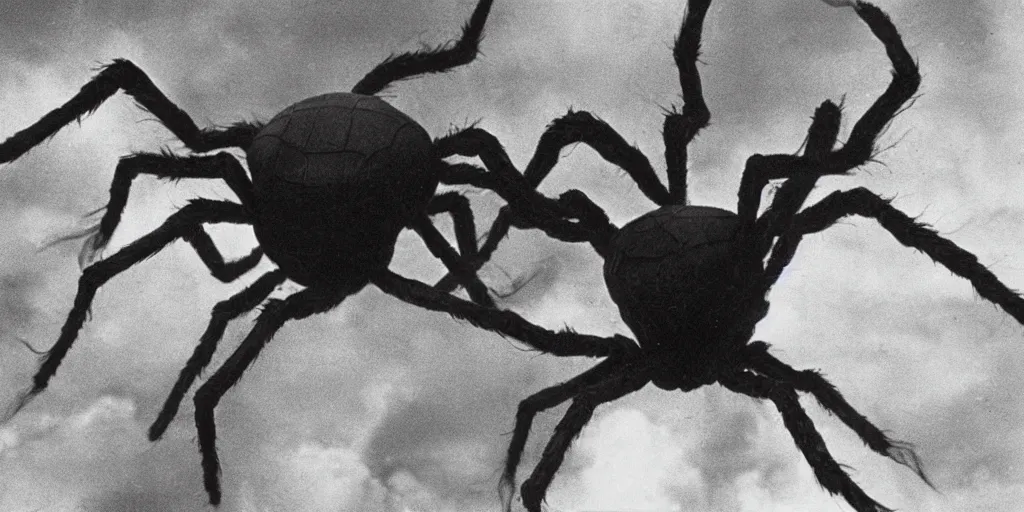 Image similar to Yoko Ono as the giant spider Shelob from Lord of the Rings, Directed by Stanley Kubrick, 1970, 35mm