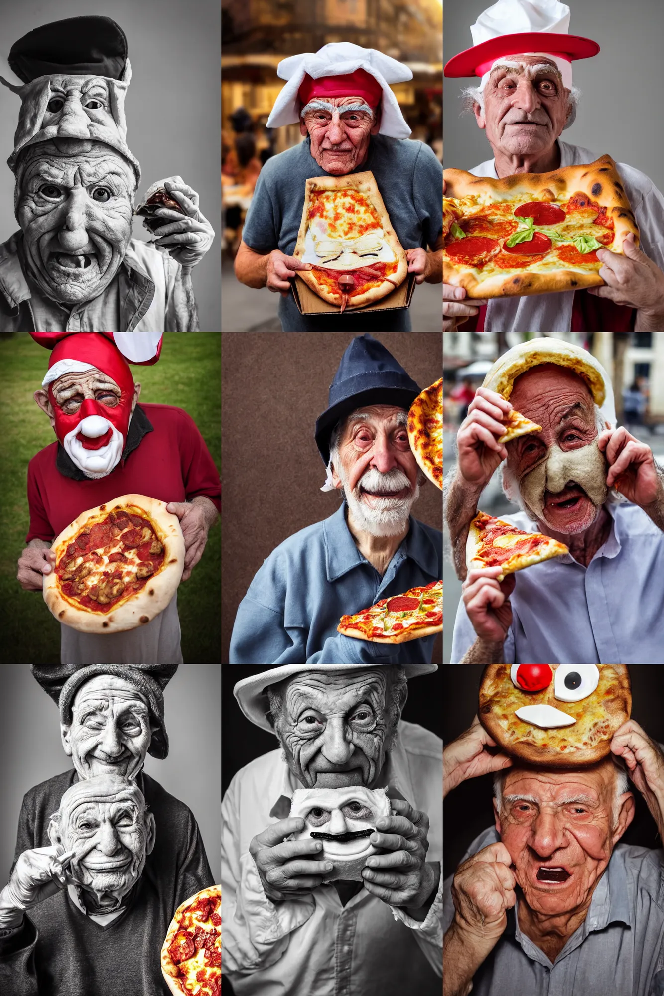 Prompt: close - up portrait of a wrinkled old man wearing a pulcinella mask holding up a pizza!! to behold, clear eyes looking into camera, baggy clothing and hat, masterpiece photo by rehahn