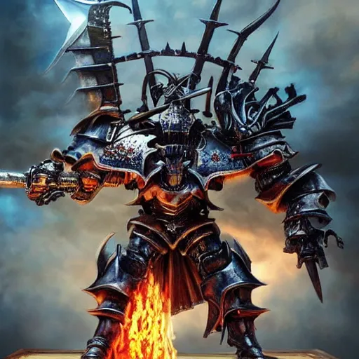 Prompt: a hyperrealistic magnificent robot holding a powerful sword, archaon the everchosen, terminator, Terminator: Dark Fate, most beautiful image ever created, emotionally evocative, greatest art ever made, lifetime achievement magnum opus masterpiece, the most amazing breathtaking image with the deepest message ever painted, a thing of beauty beyond imagination or words