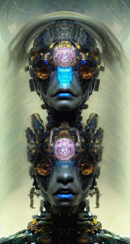 Image similar to asura from chinese myth, ghost, gorgeous and huge head ornaments, dystopian, cyberpunk, organic fractal mycelum and fungi, mecha, halfturn portrait of a big crystal face made of crystals half - turn, ominous, intricate, studio, art by anthony macbain + greg rutkowski + alphonse mucha, concept art, 4 k, sharp focus