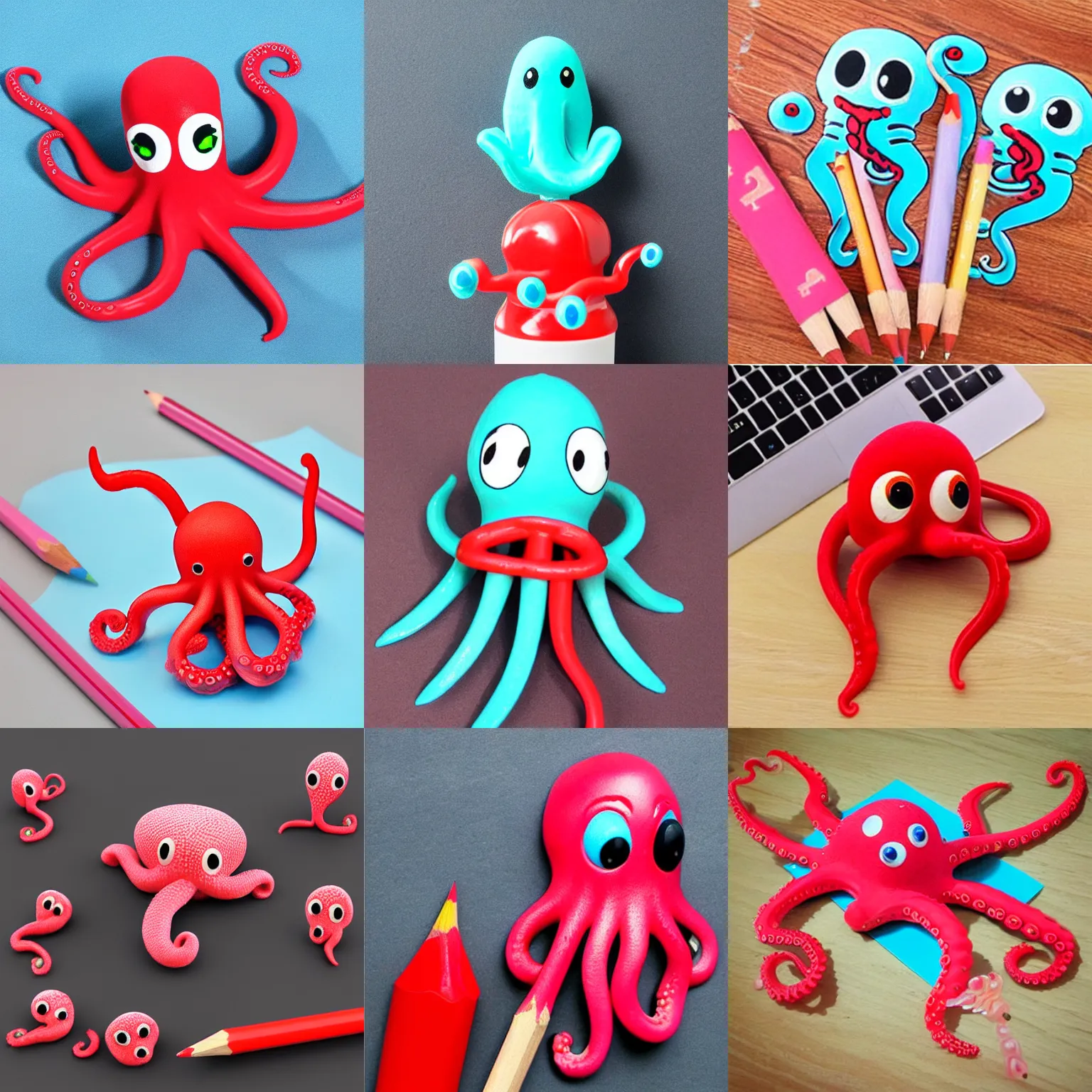 Prompt: cute funny 3d octopus holds red pencil with tentacle a