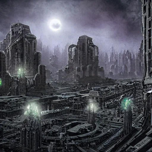 Image similar to Aliens invading a city by Keith Thompson, eerie, horror, scary, ominous, 8k, highly detailed