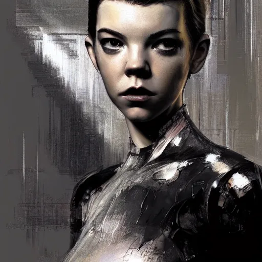 Image similar to a striking hyper real painting of Anya Taylor-Joy as an android at war by Craig Mullins