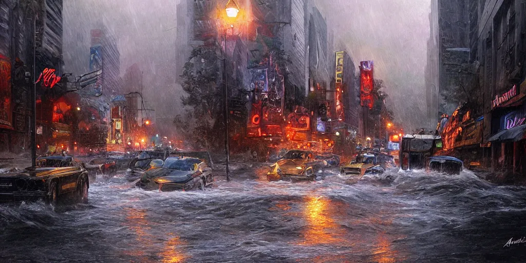 Image similar to hollywood boulevard hit by a biblical flood during a storm, dramatic lighting, beautiful, stunning landscape artwork by artgerm, rutkowski, wlop highly detailed, photorealistic