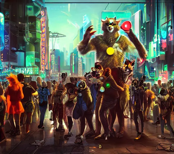 Image similar to high - resolution photograph from a cyberpunk era furry fandom convention ( midwest furfest 2 0 4 7 ), taking place after the genetic revolution and quantum singularity. photorealistic.