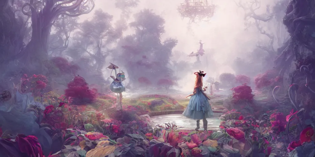 Prompt: a beautiful insanely intricate illustration of alice in wonderland, reflexions, colorfull, by william turner art, by greg rutkowski, by james jean, by rossdraws, by frank franzzeta, by sakimichan, trending on artstation, insanely detailed, contur lines, masterpiece, octane render, 8 k