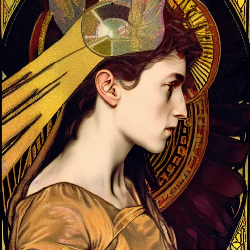 Image similar to portrait of charlotte gainsbourg as joan of arc, hyperreal digital painting, iconography influenced by alphonse mucha and eugene delacroix, arstation and deviantart trends, high resolution 8 k