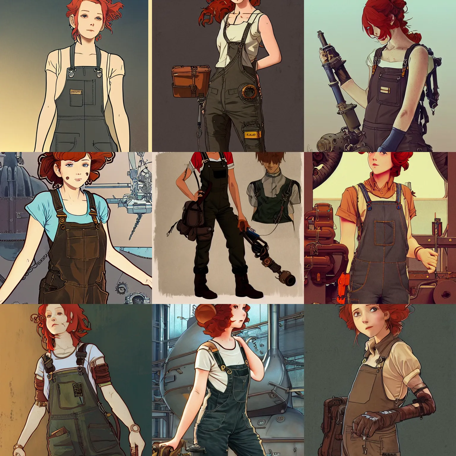 Prompt: Portrait of an airship mechanic wearing a tank top and dungarees, steampunk, redhead, prosthetic arm, highly detailed, artstation, digital illustration, concept art, by Kyoto Animation and Studio Ghibli, by Ilya Kuvshinov and Alphonse Mucha