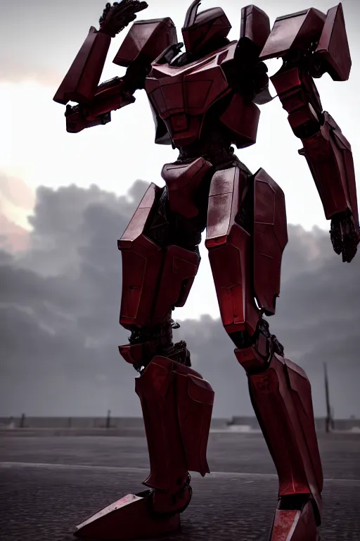 Image similar to hyper detailed 8 k cg cinematic still, rendering with volumetric lightning and ray tracing, crimson skinny full body armored core, weathering armor plating, endoekeleton exposure