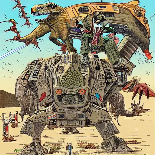 Image similar to detailed intricate colour illustration of a businessman with a laser pistol riding a mecha dinosaur, in the style of Geof Darrow