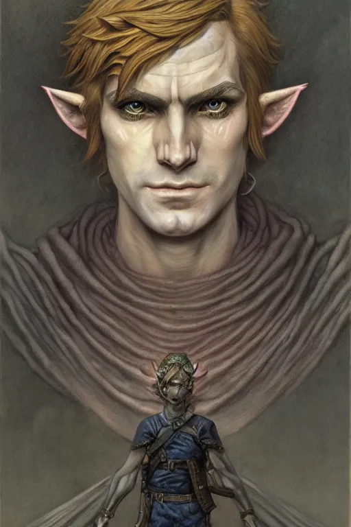 Prompt: a portrait of link from zelda in the style of wayne barlowe, gustav moreau, goward, bussiere, roberto ferri, santiago caruso, luis ricardo falero, austin osman spare