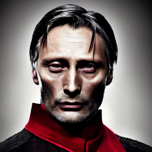 Image similar to mads mikkelsen as a vampire, male, late - 4 0 s aged, shoulder length hair, slicked black hair, red eyes, clean shaven, wearing a cape, regal, royal, grim facial expression, high medieval fantasy, full color digital art, cinematic shot, full body shot.