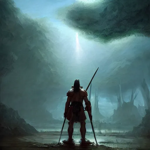 Image similar to a lone spartan warrior aftermatch scavenging for food in the wilderness casper david friedrich raphael lacoste vladimir kush leis royo volumetric light effect broad light oil painting painting fantasy art style sci - fi art style realism artwork unreal engine