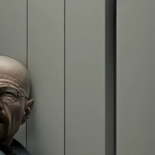 Prompt: walter white pushing a large grey cube in a large empty white room