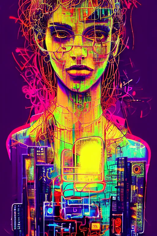 Image similar to dreamy cyberpunk girl, abstract smoke neon, digital nodes, computer network, beautiful woman, detailed acrylic, grunge, intricate complexity, by dan mumford and by alberto giacometti, jean - michel basquiat