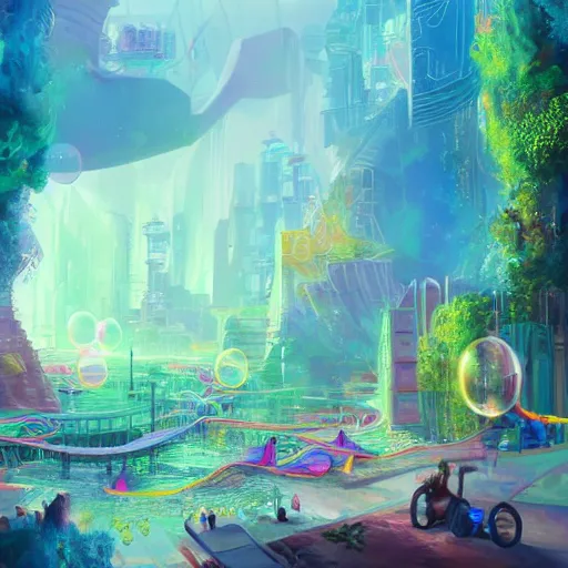 Image similar to a utopian city, filled with extremely colorful fauna, with bubbles floating around everywhere, dynamic lighting, fantasy concept art, trending on art station, stunning visuals, creative, cinematic, ultra detailed