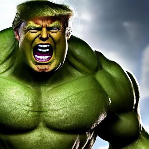 Image similar to Donald Trump cast as hulk, still from marvel movie, hyperrealistic, 8k, Octane Render,