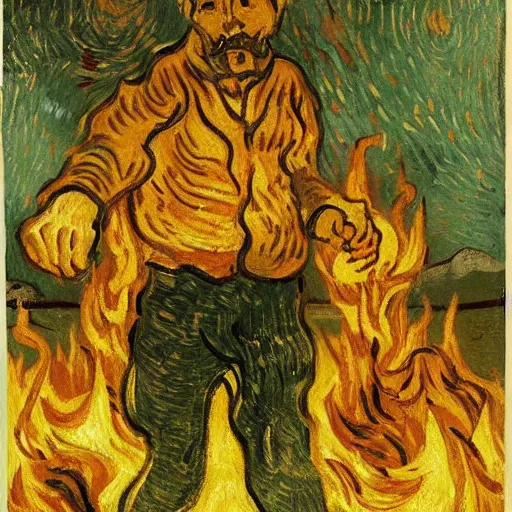 Image similar to painting of a man in hell making smores, by van gogh.