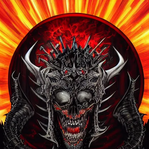 Image similar to a dark matter schizophrenia sphare limbo digital art angry demon in iron armor and dragon bones with diamonds sits on the black throne of death and looks with red eyes into the darkness against the background of a bright red sun