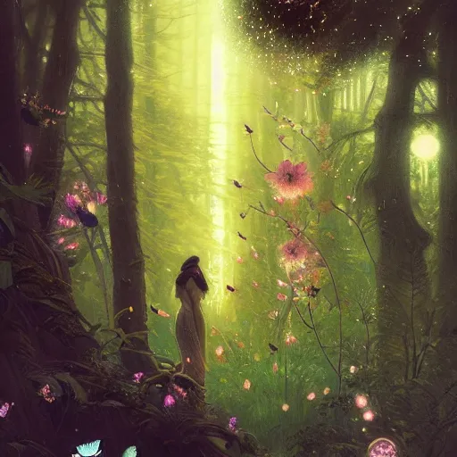 Prompt: a forest with the milky way in the sky, light, vaporwave aesthetic, synthwave, colorful, psychedelic, flowers, bees, butterflies, ribbons, ornate, intricate, digital painting, artstation, concept art, smooth, sharp focus, illustration, art by artgerm and greg rutkowski and alphonse mucha