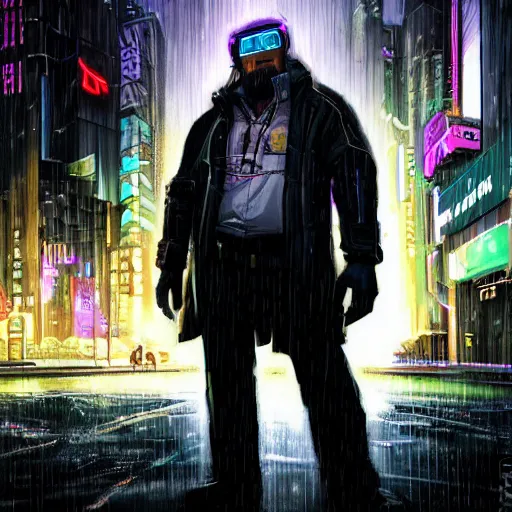 Image similar to Cyberpunk Gabe Newell standing in the street of a cyberpunk city at night in the rain, detailed, realistic, portrait