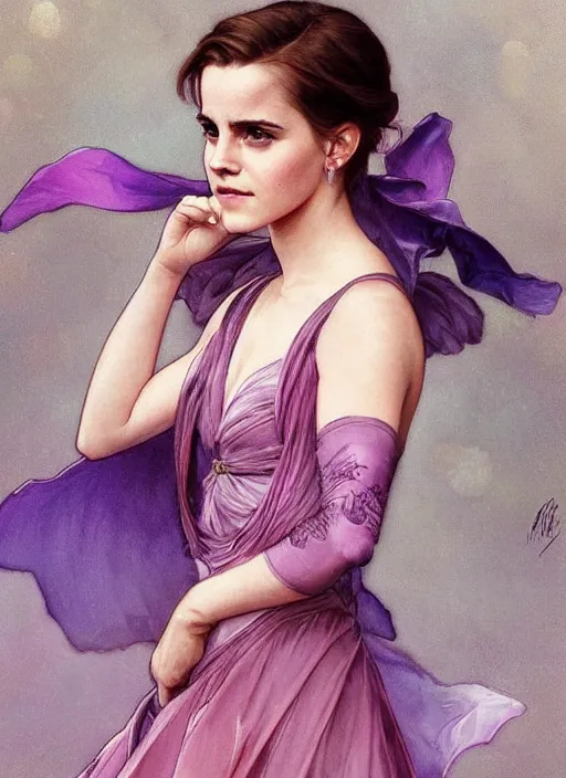 Image similar to emma watson wearing revealing elegant pink and purple dress with flounces. beautiful detailed face. by artgerm and greg rutkowski and alphonse mucha