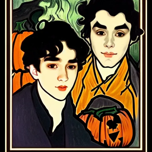 Image similar to painting of young cute handsome beautiful dark medium wavy hair man in his 2 0 s named shadow taehyung and cute handsome beautiful min - jun together at the halloween jack o lantern party, melancholy, autumn colors, elegant, painting, stylized, visible eyes, gorgeous eyes, soft facial features, delicate facial features, art by alphonse mucha, vincent van gogh, egon schiele