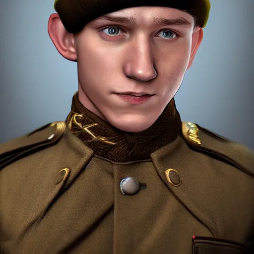 Prompt: closeup portrait of tom holland wearing russian simple ww 1 clothes, with black beanie on head, dark blurred background, style ivan talavera and artgerm, radiant lighting, hyper realistic, photorealistic, octane render, trending on artstation, cgsociety, cinematic light, global illumination