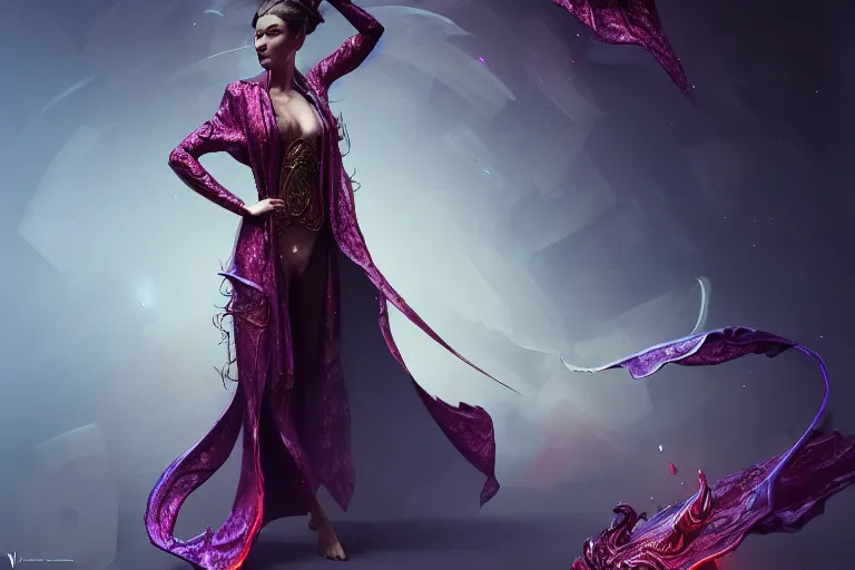 Image similar to Magician, female, fantasy, silk robes, explosion, dramatic, intricate, elegant, highly detailed, digital painting, artstation, concept art, smooth, sharp focus, illustration, art by Viktor Berendeev, octane render