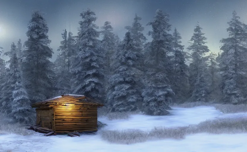 Image similar to A abandoned wooden hut in a winter forest environment concept, northern lights, horror game, artstation
