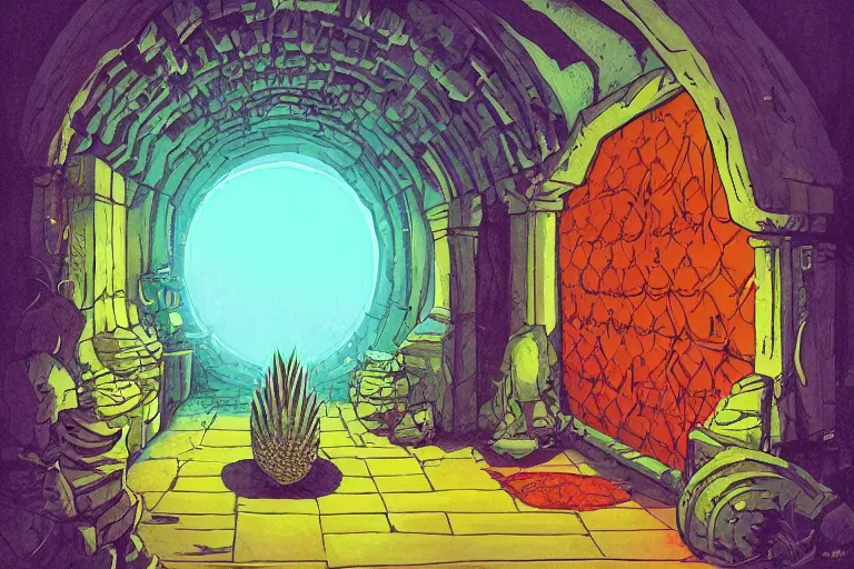 Prompt: orc POINT PERSPECTIVE DUNGEON pineapple ROOM, painted by Edward Gorey and Moebius and Greg Rutkowski and Paul Wenzel and George Barr and Stephen Youll,trending on artstation, iridescent cool blue and cyan and red and blue and yellow and green lighting front view futuresynth , outrun , vibrant colors, Sabattier filter , Watercolor