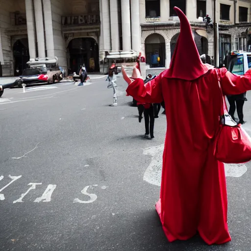 Prompt: a woman dressed as satan hailing a cab