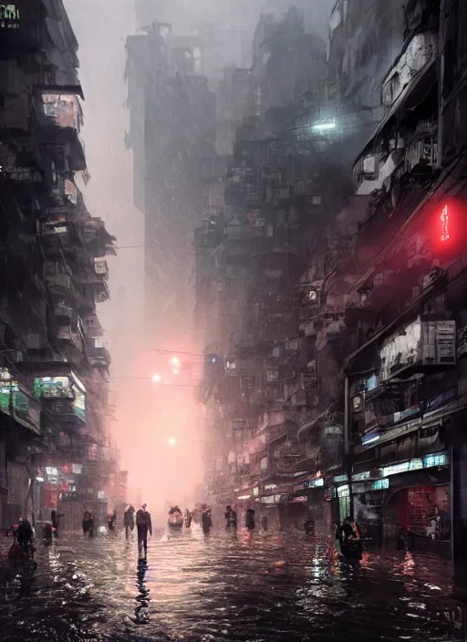 Image similar to dramatic Photorealistic, Matte Painting of a tug boat with bright head lights exploring a busy post apocalyptic deep flooded Hong Kong city street at night,dark Tall buildings by Greg Rutkowski,Craig Mullins,Hyperrealism,Beautiful dramatic moody lighting,Cinematic Atmosphere,volumetric,Octane Rendering,8K